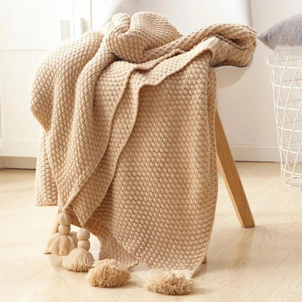 Cozy Knitted Wool Blanket with Tassels - LuxeNest