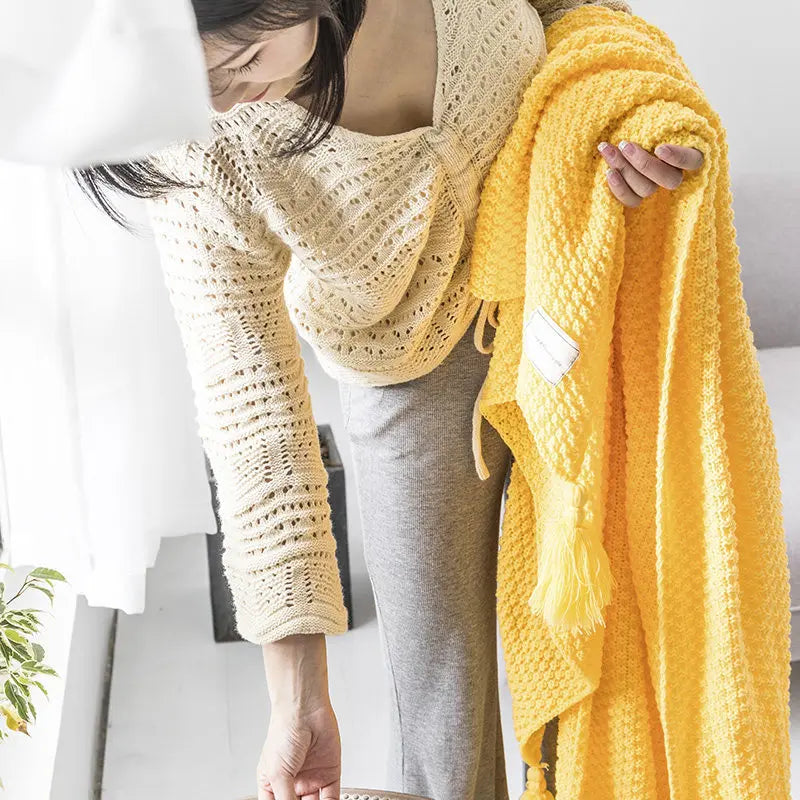 Cozy Knitted Wool Blanket with Tassels - LuxeNest