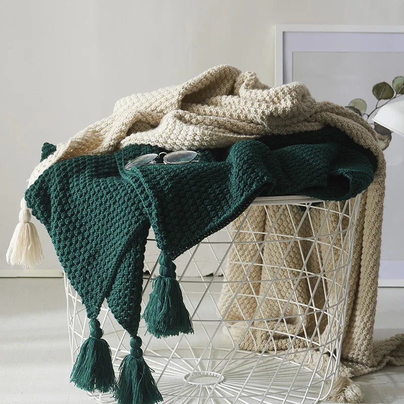 Cozy Knitted Wool Blanket with Tassels - LuxeNest
