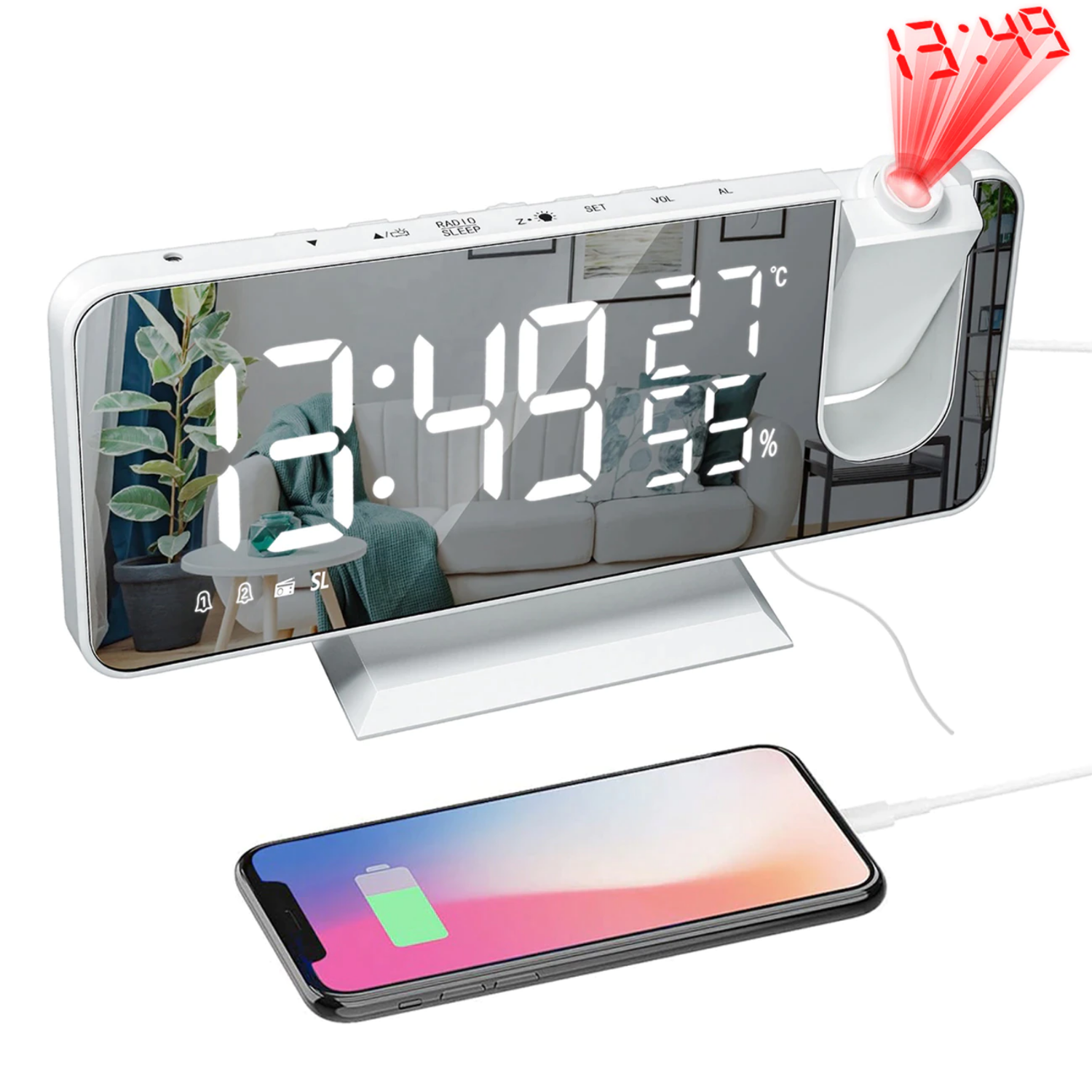 Smart Alarm Clock - Luminex with 180° Projector & USB Charger