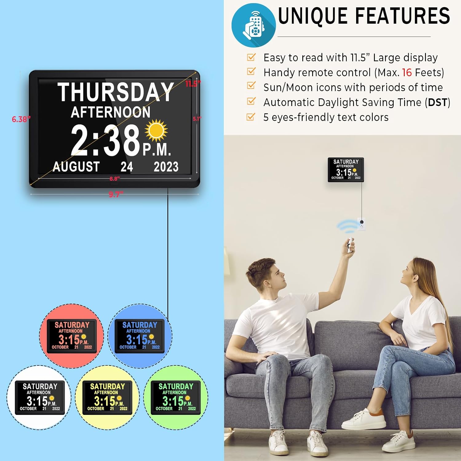 Digital Day Clock with 19 Reminders - LuminaTime