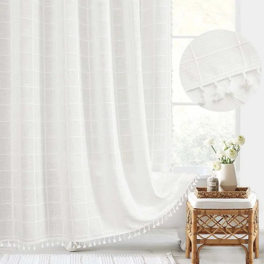 Boho Linen Shower Curtain with Tassels - Luxe Cottage Co.