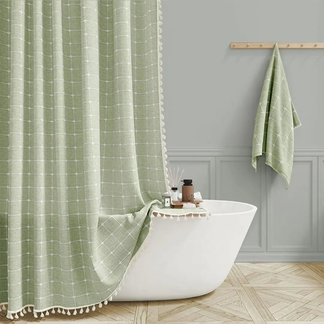 Boho Linen Shower Curtain with Tassels - Luxe Cottage Co.