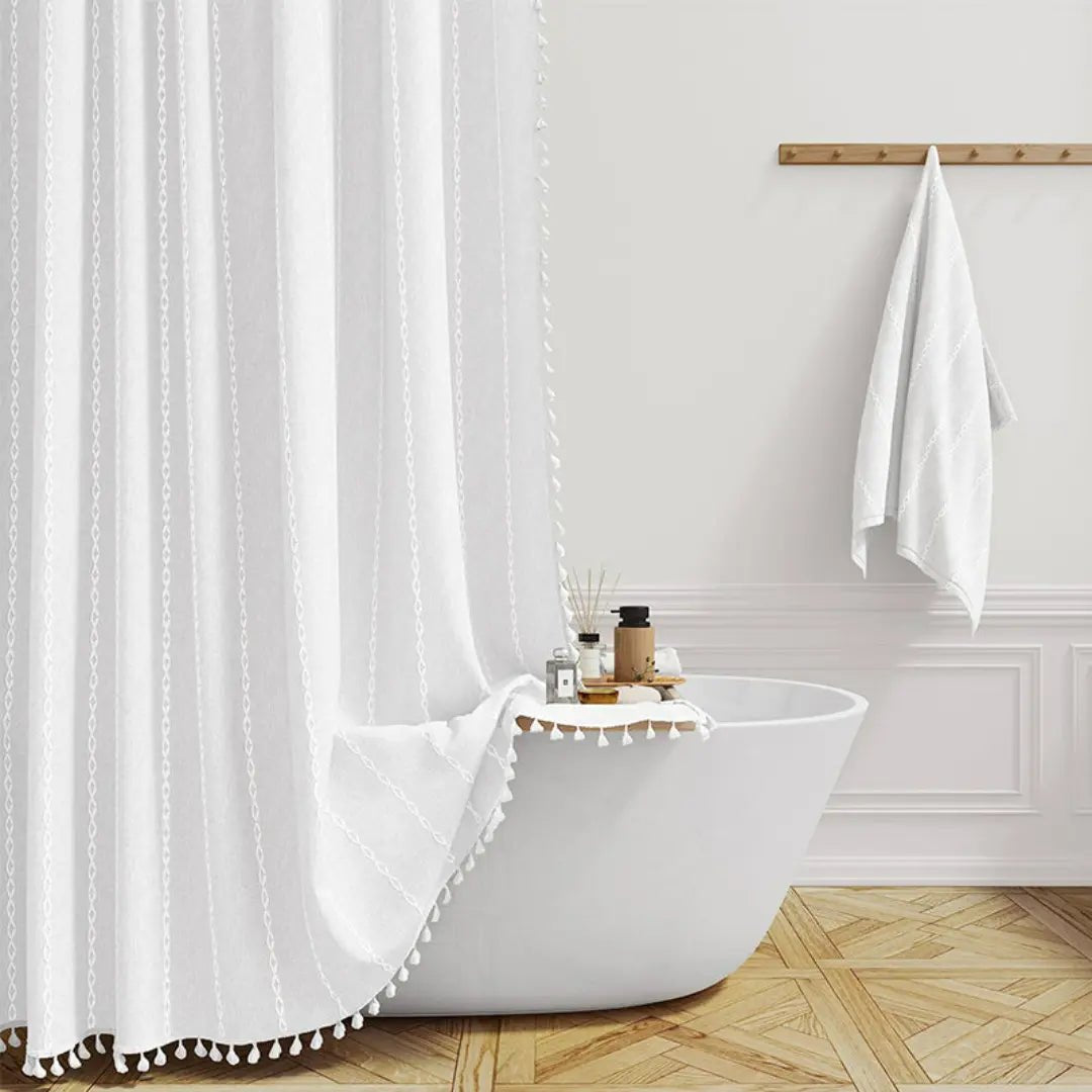 Boho Linen Shower Curtain with Tassels - Luxe Cottage Co.