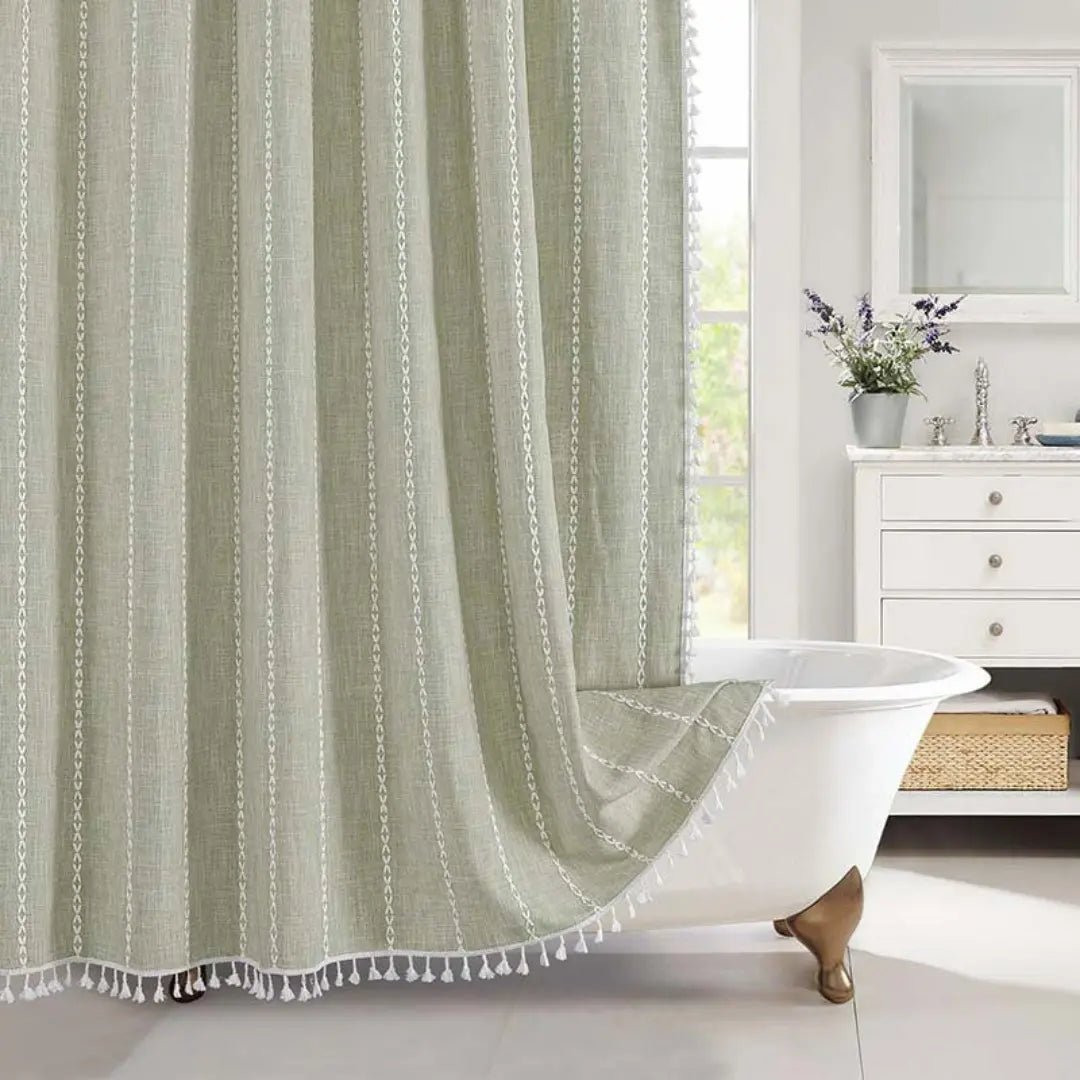 Boho Linen Shower Curtain with Tassels - Luxe Cottage Co.