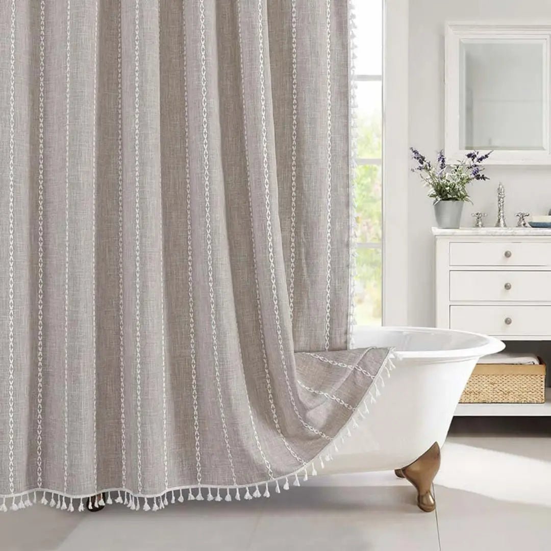 Boho Linen Shower Curtain with Tassels - Luxe Cottage Co.