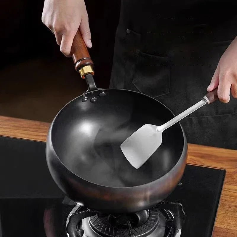 Cast Iron Skillet - Luxiron Handcrafted Pan with Wooden Handle