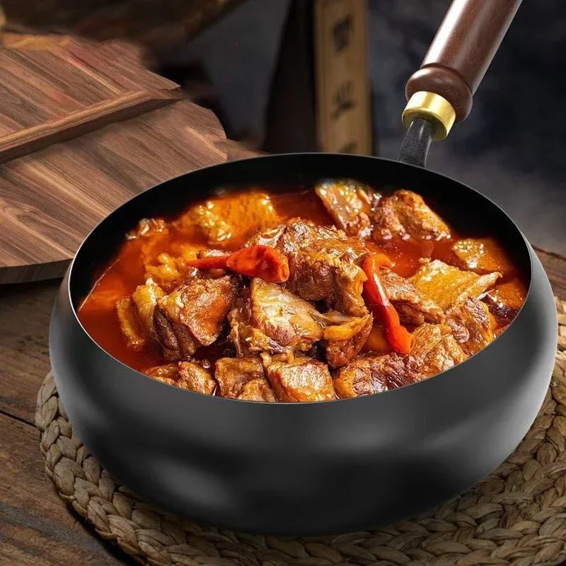 Cast Iron Skillet - Luxiron Handcrafted Pan with Wooden Handle