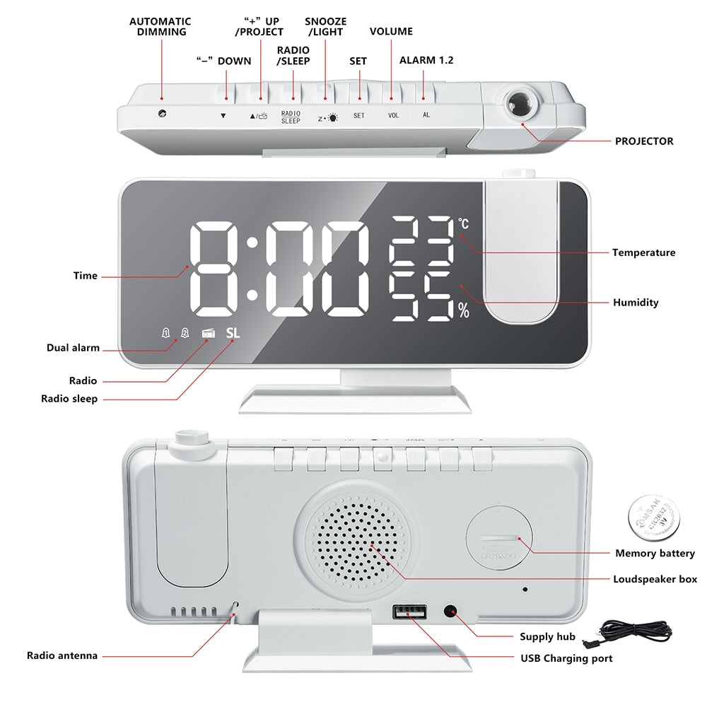 Smart Alarm Clock - Luminex with 180° Projector & USB Charger