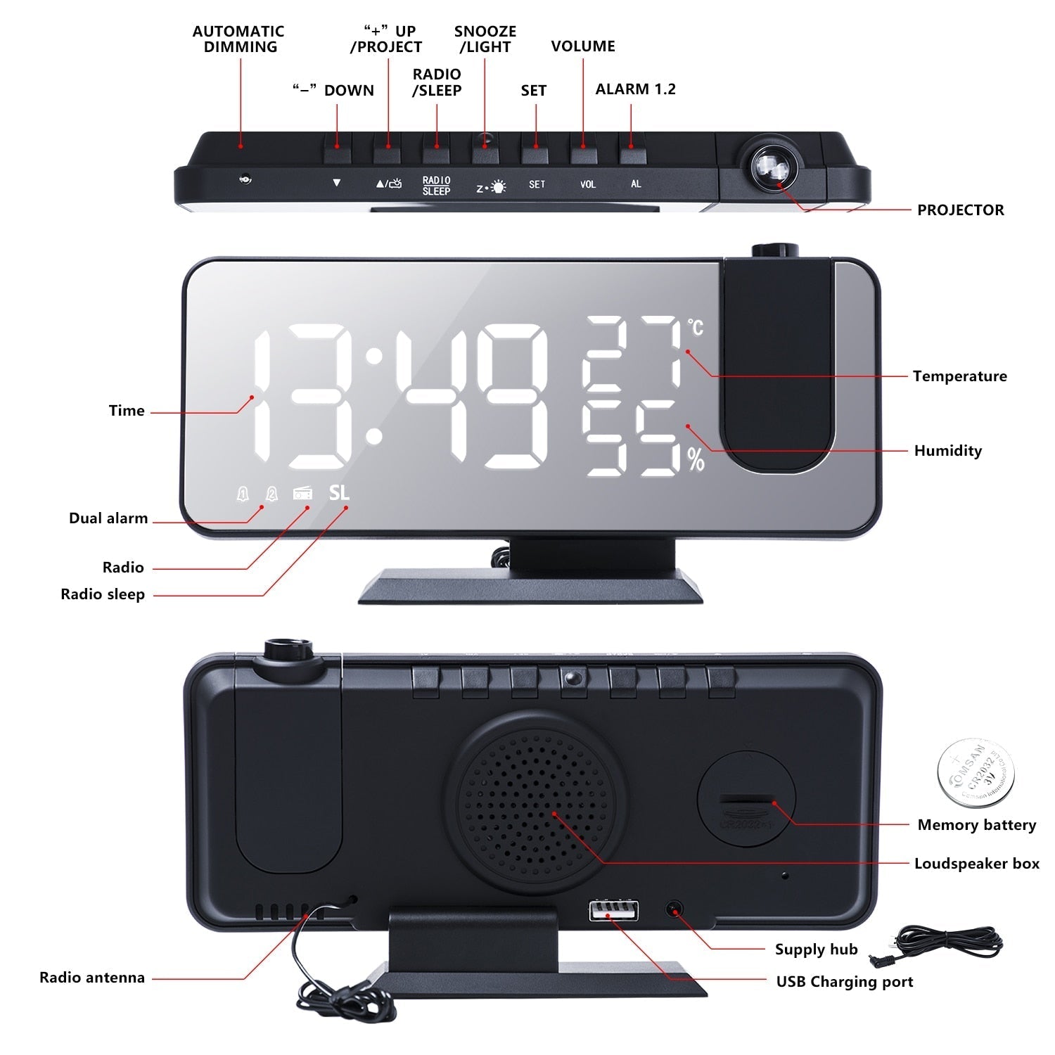 Smart Alarm Clock - Luminex with 180° Projector & USB Charger