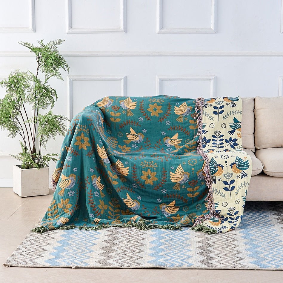 Cotton Reversible Blanket - NordicNest with Bird & Flower Design