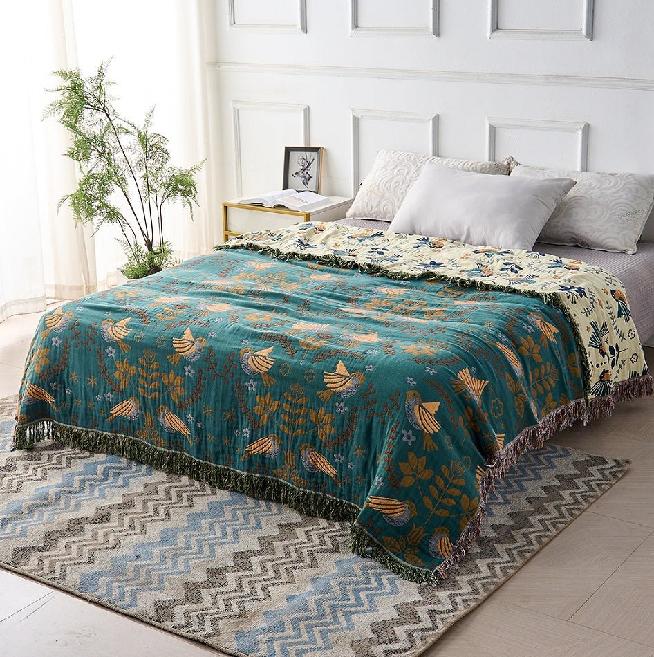 Cotton Reversible Blanket - NordicNest with Bird & Flower Design