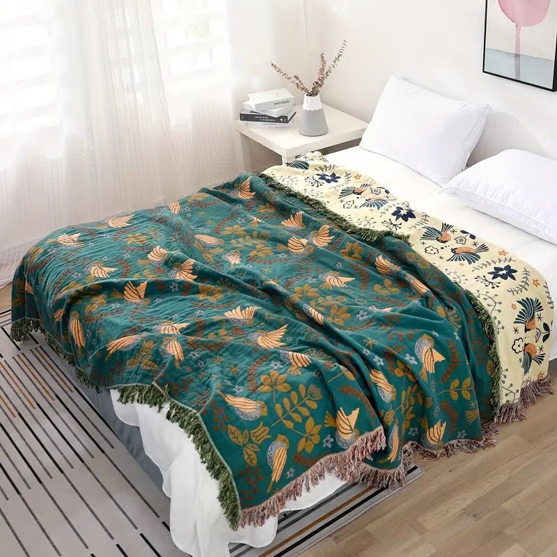 Cotton Reversible Blanket - NordicNest with Bird & Flower Design