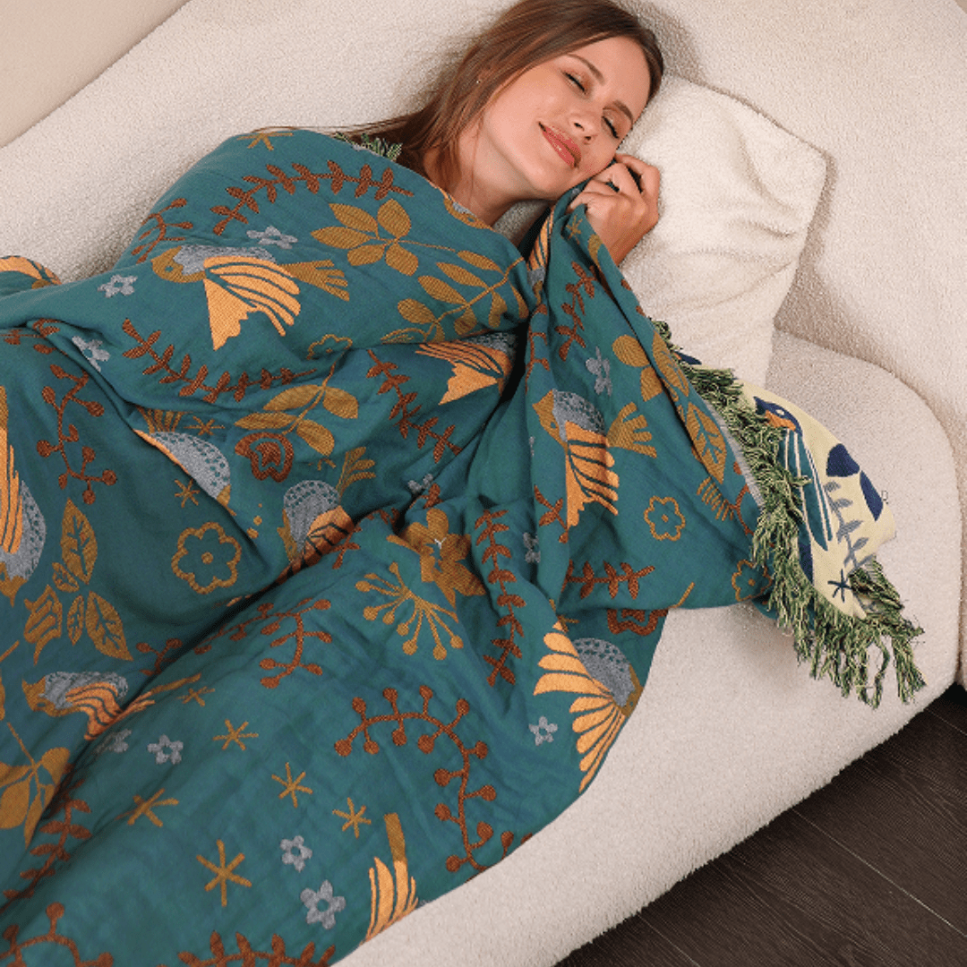 Cotton Reversible Blanket - NordicNest with Bird & Flower Design