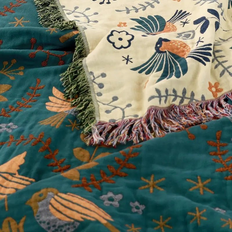 Cotton Reversible Blanket - NordicNest with Bird & Flower Design