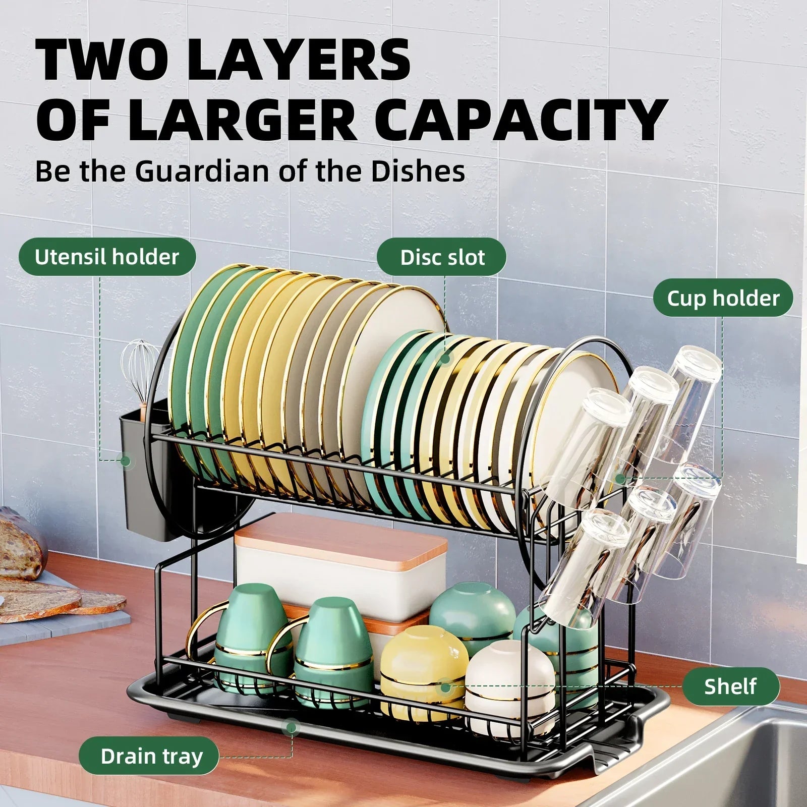 2-Tier Dish Drying Rack with Cutlery Holder - LuxeHome