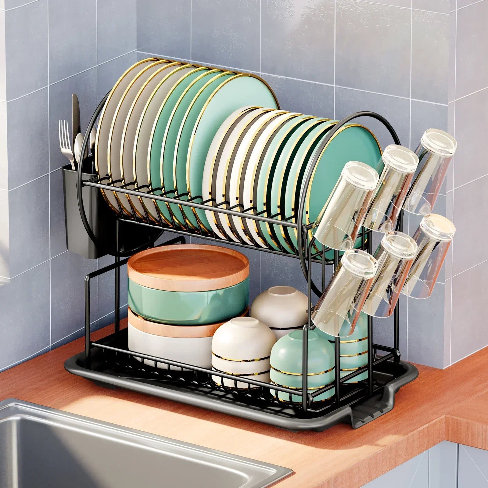 2-Tier Dish Drying Rack with Cutlery Holder - LuxeHome
