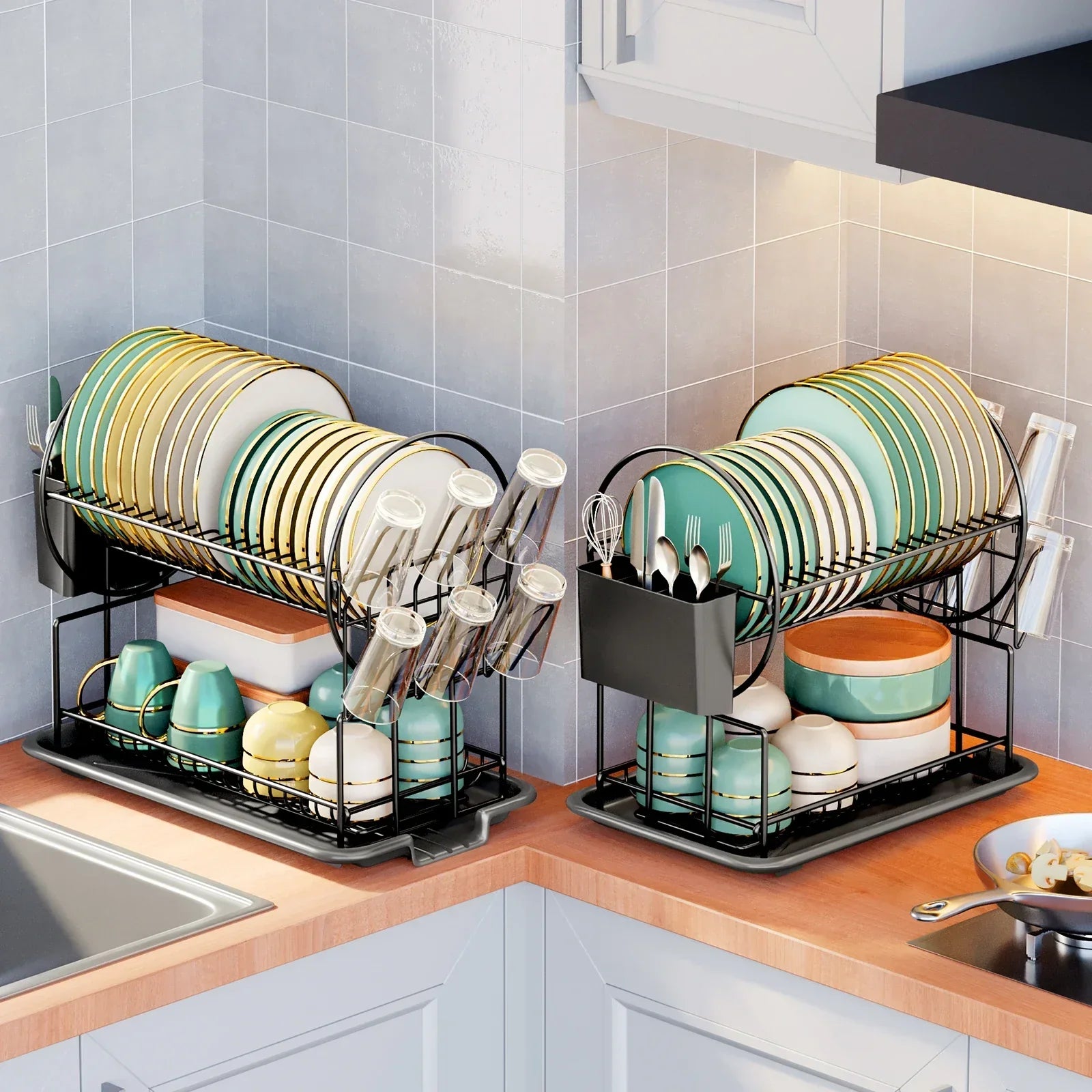 2-Tier Dish Drying Rack with Cutlery Holder - LuxeHome