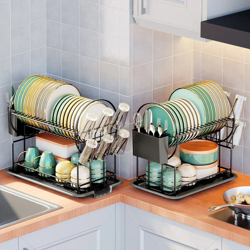 2-Tier Dish Drying Rack with Cutlery Holder - LuxeHome