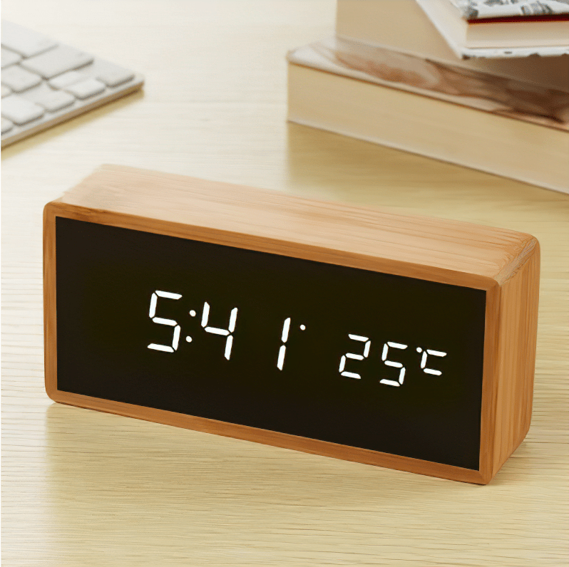 Bamboo LED Alarm Clock - LuminaTime with Temperature Display