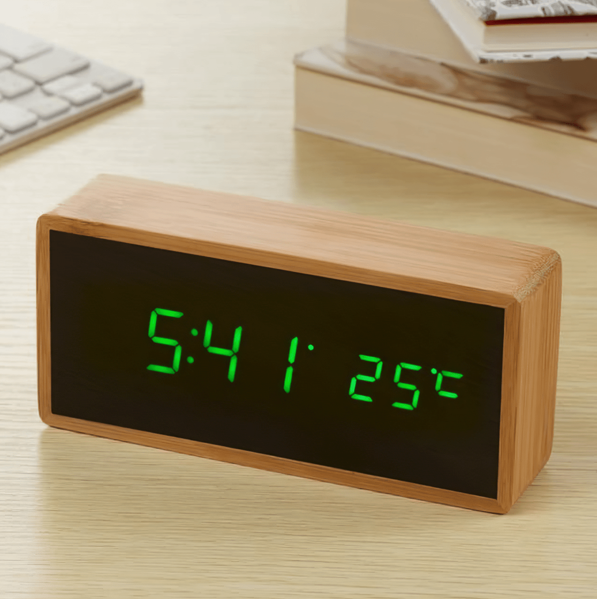 Bamboo LED Alarm Clock - LuminaTime with Temperature Display