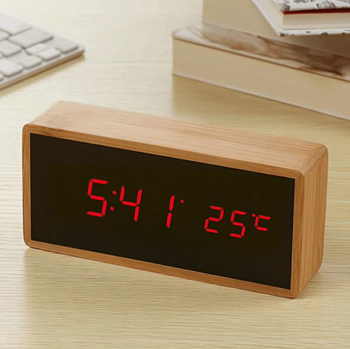 Bamboo LED Alarm Clock - LuminaTime with Temperature Display