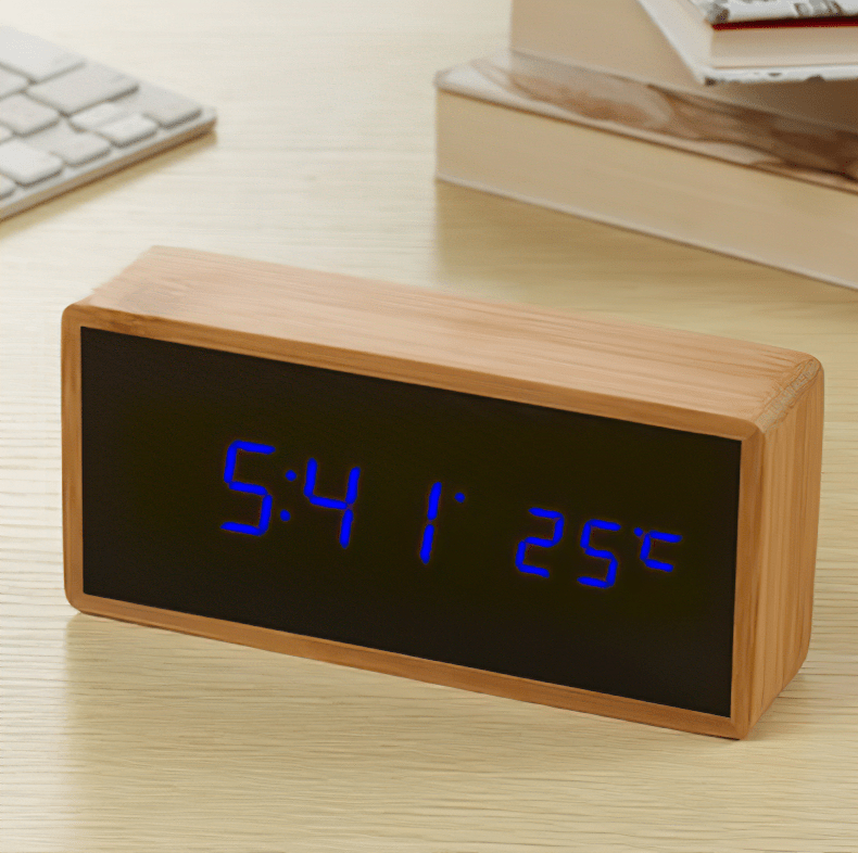 Bamboo LED Alarm Clock - LuminaTime with Temperature Display