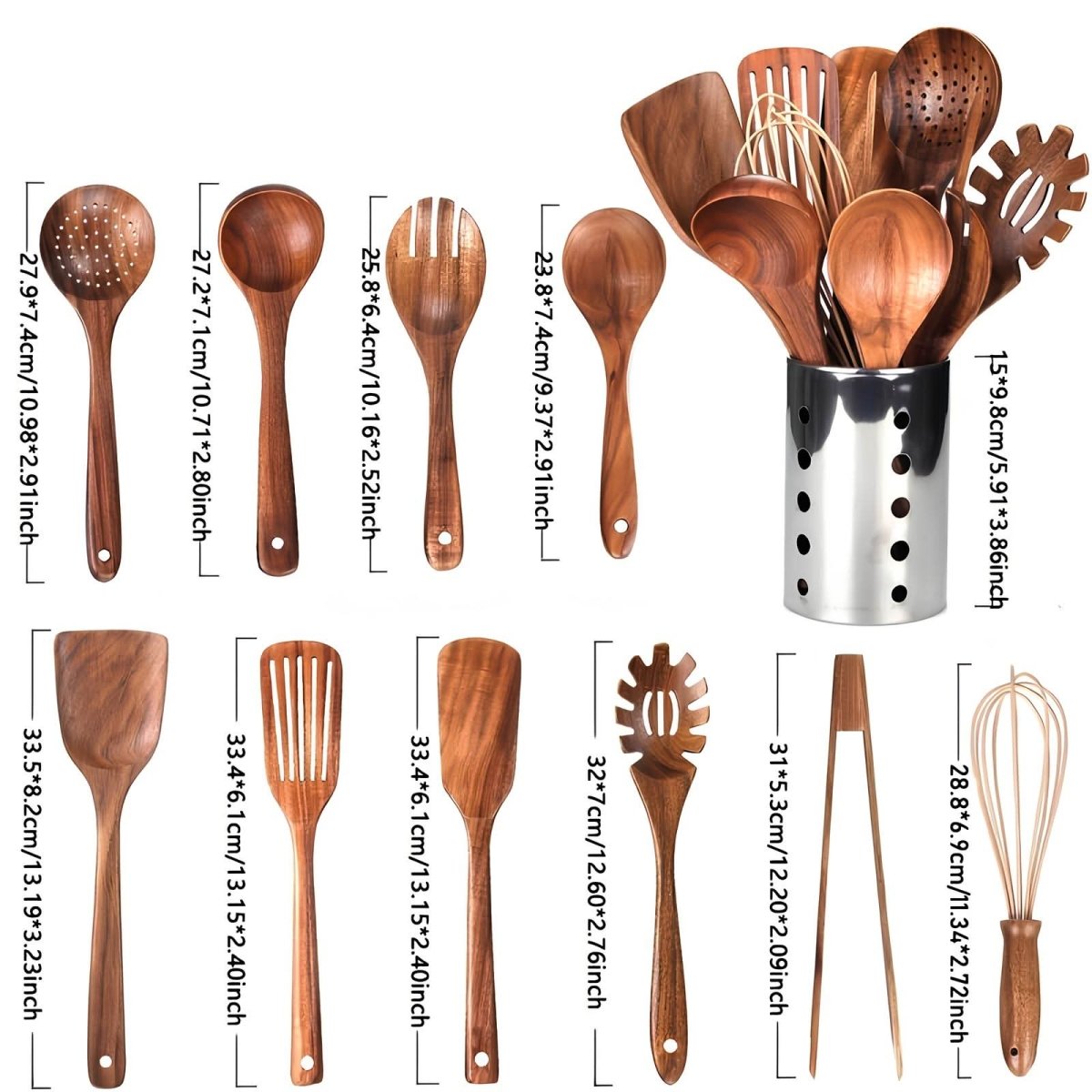 Teak Wood Utensil Set - EcoCraft Essentials 11-Piece Collection