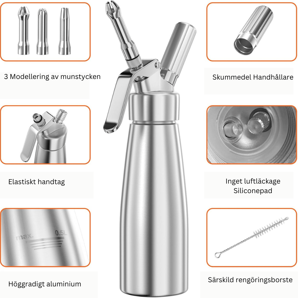 Cream Dispenser - LuxeCraft Aluminum 500-ml with 3 Nozzles