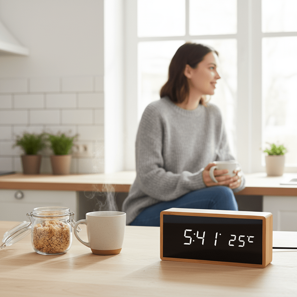 Bamboo LED Alarm Clock - LuminaTime with Temperature Display