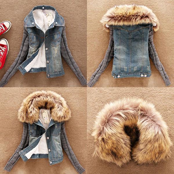 Distressed Denim Jacket with Fur Collar - LuxeThreads