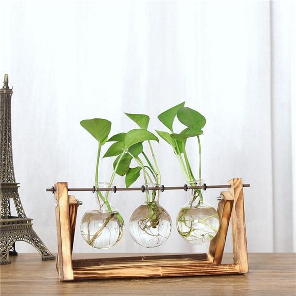 Glass Bulb Vase with Wooden Stand - Lumina Home Decor